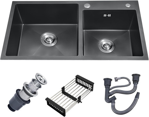 Black double-bowl kitchen sink with drainage accessories