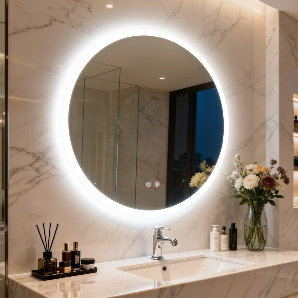 Round illuminated bathroom mirror above a basin