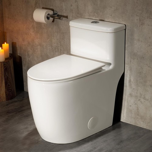 Modern white one-piece ceramic toilet in a finished bathroom