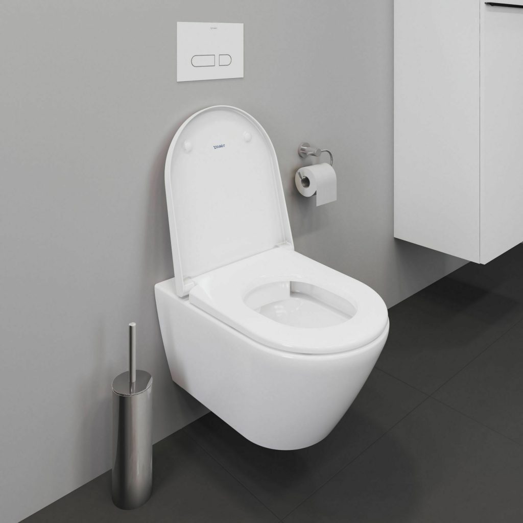 Modern white ceramic toilet installed in a grey bathroom